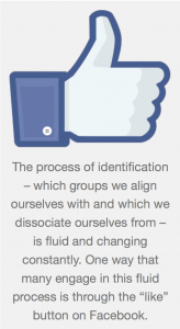 A thumbs up icon used in facebook to "like" something. Caption: "The process of identification -- which groups we align ourselves with an which we dissociate ourselves from--is fluid and changing constantly. One way that many engage in this fluid process is through the "like" button on Facebook.