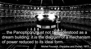 the panopticon, in black and white. The text over it reads "...the Panopticon must not be understood as a dream building: it is the diagram of a mechanism of power reduced to its ideal form. 