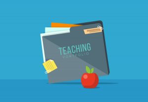 A navy blue folder reads Teaching Portfolio.
